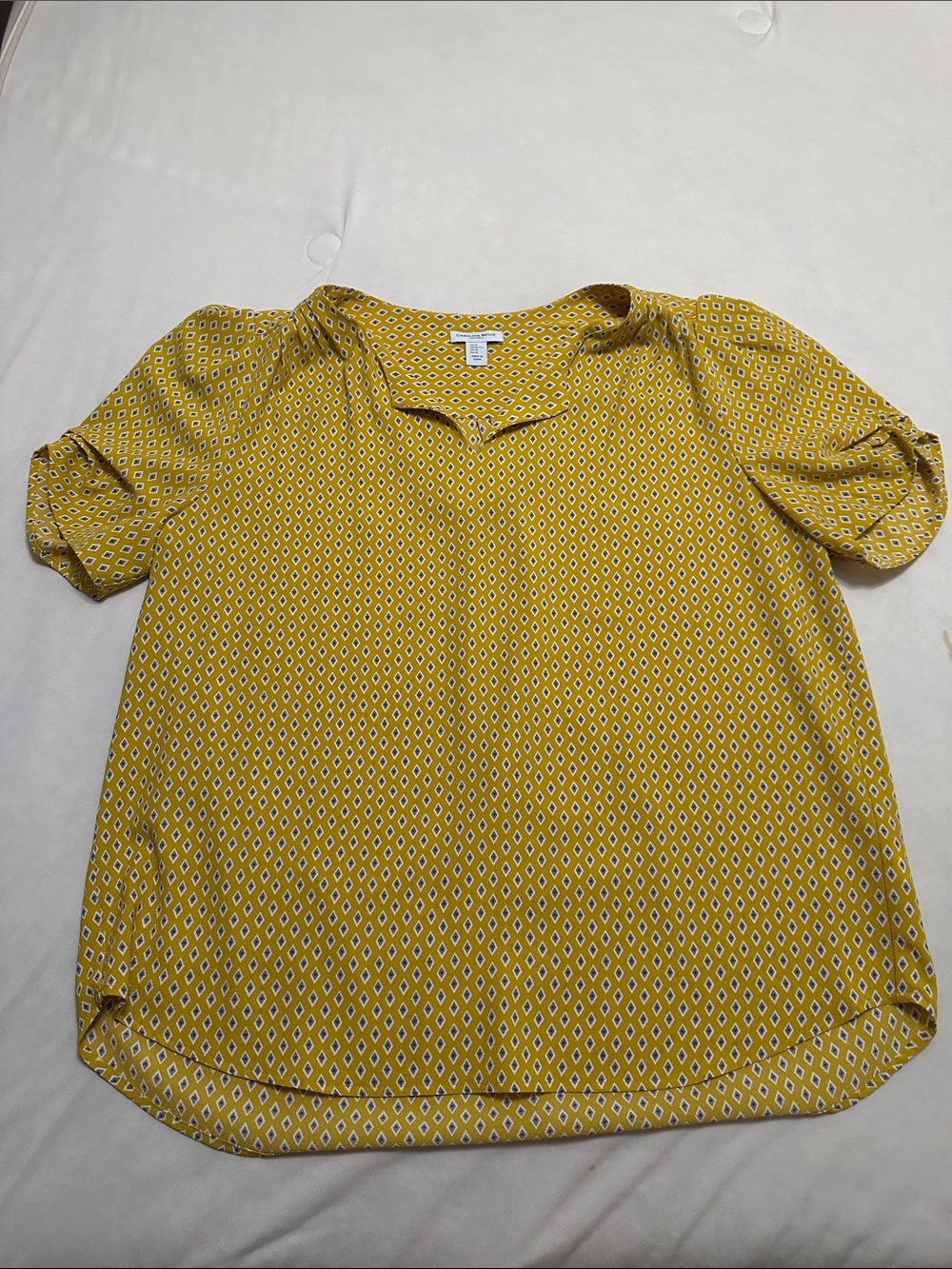 Carolina Belle Mustard Yellow Geometric Short Sleeve Blouse